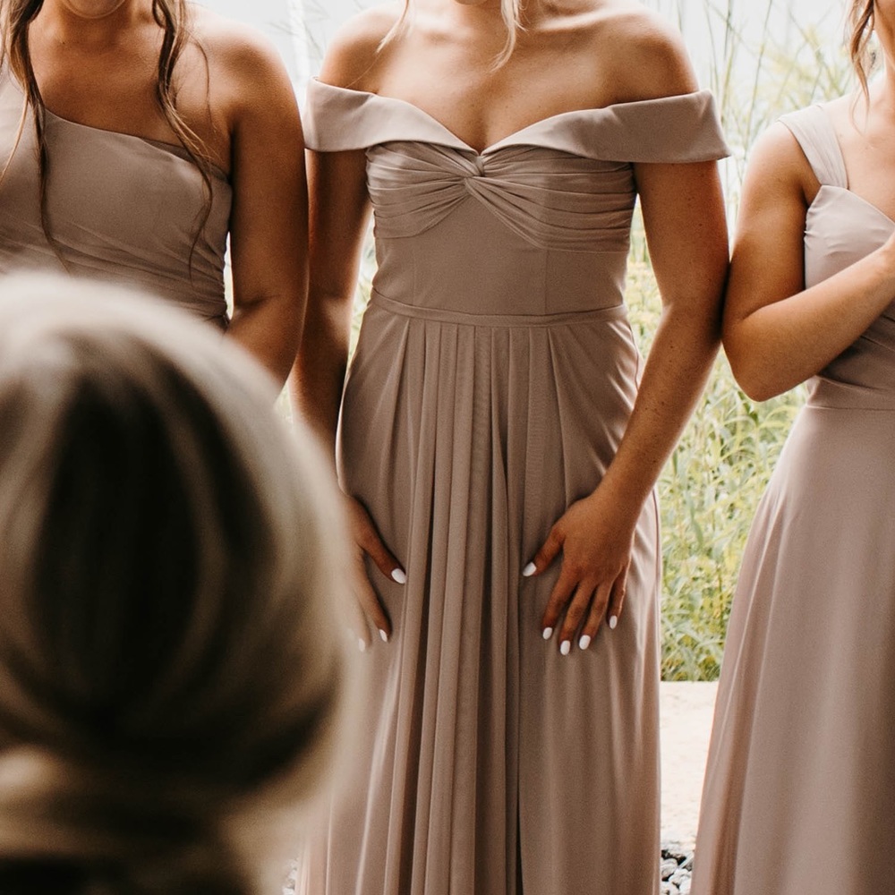Taupe off shoulder bridesmaid dress. Size 0. From Azazie